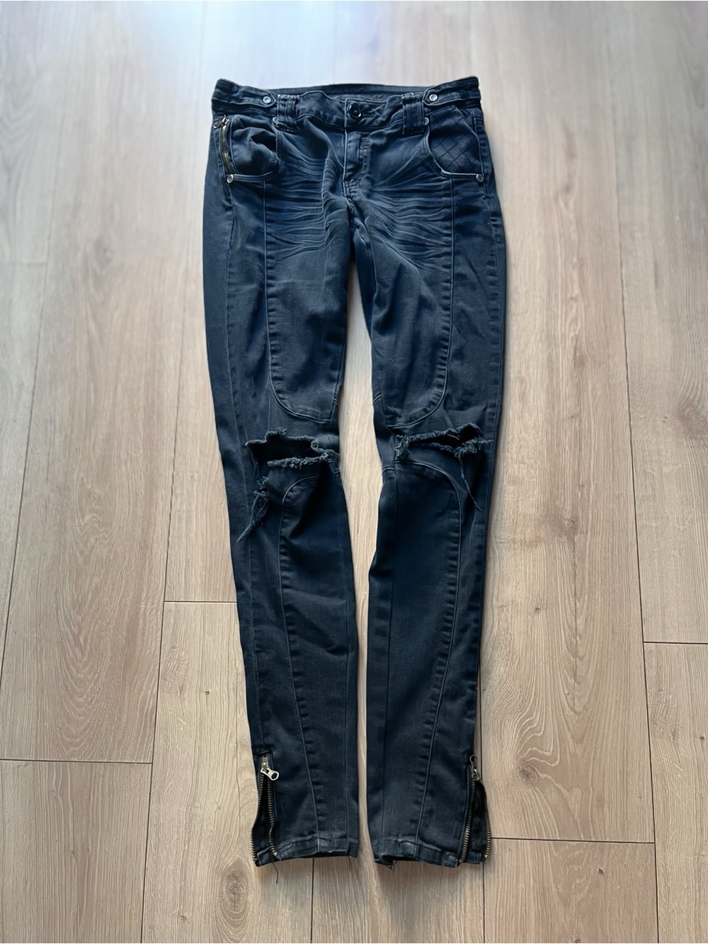 Wax Jean Black Distressed Skinny Jeans with Knee Rips
